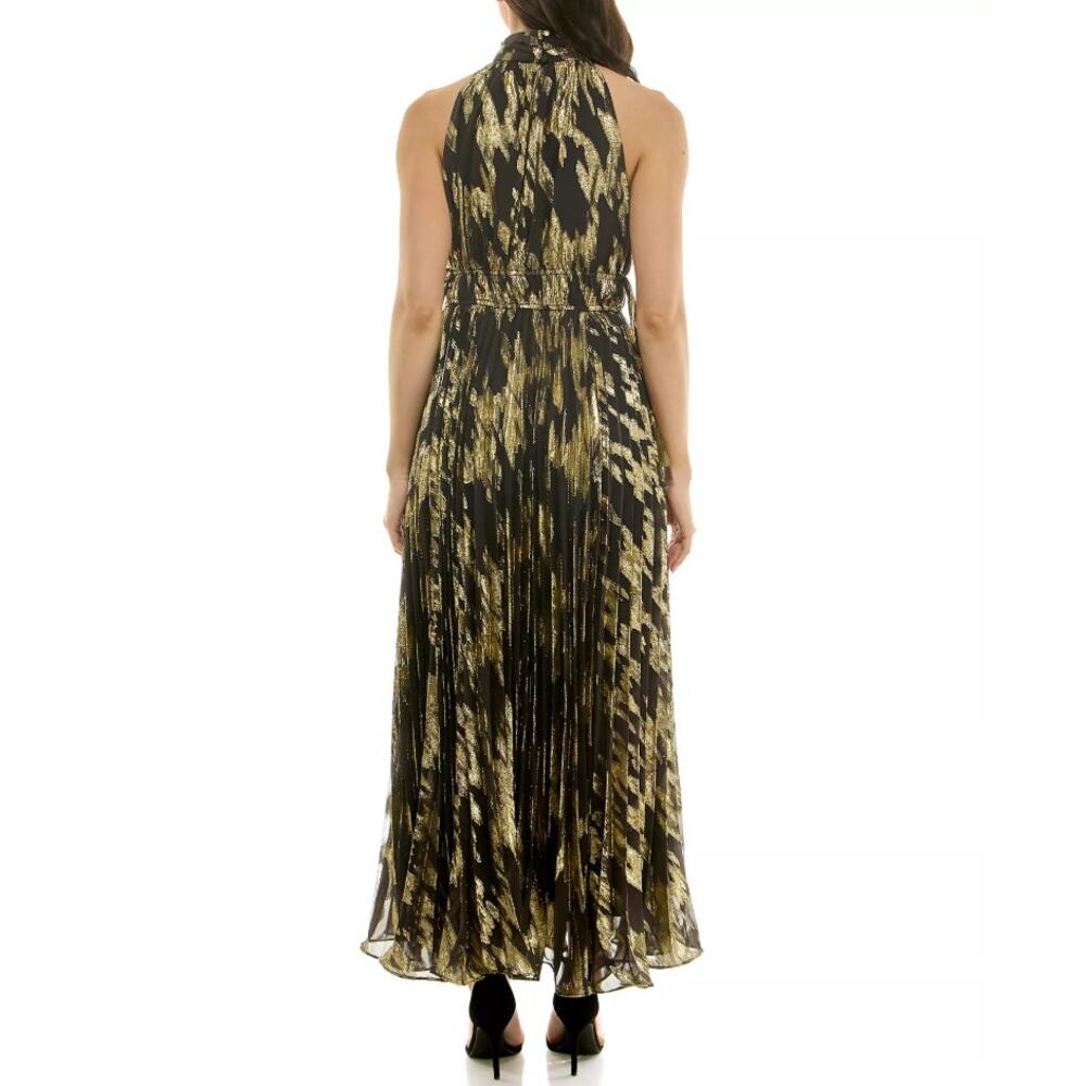 Taylor Women Black/Lurex Gold Sunburst Pleated Mock Neck Maxi Dress Size 4 - Picture 4 of 5